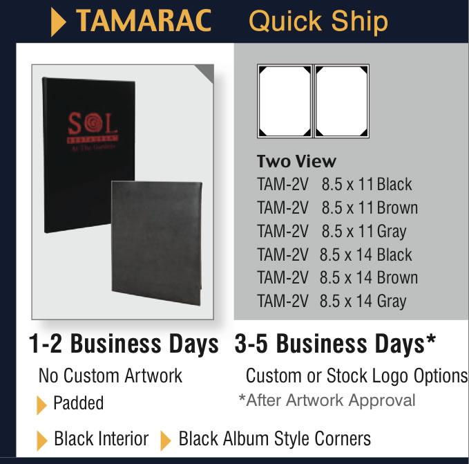 Tamarac Quick Ship Chart for in-stock menu jackets.